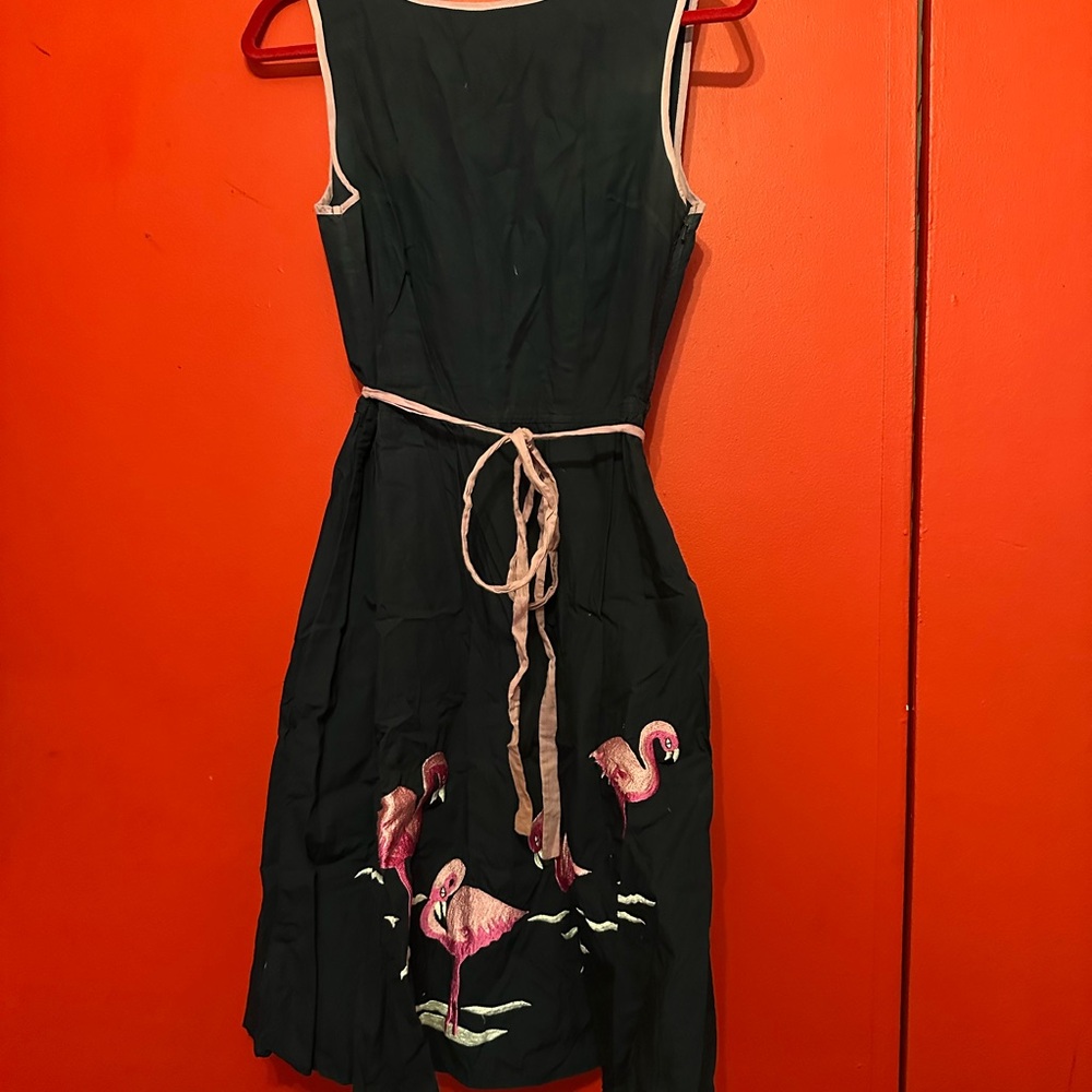 eShakti Navy Flamingo Embroidered Fit & Flare Dress Size 6/S Keyhole Pink Trim